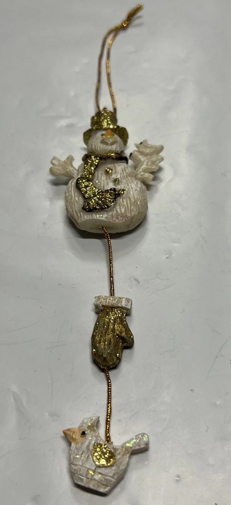 Snowman and Bird Glitter White Gold Dangling Christmas Ornament