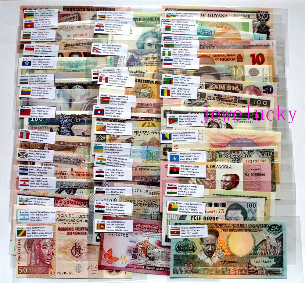 Lots 100 Foreign Paper Money 50 Countries World Banknotes UNC English Flags Gift
