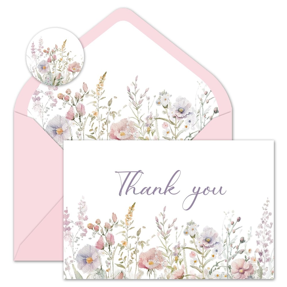 Whaline 24Pcs Wildflower Thank You Cards Bulk Watercolor Pink Flower Greeting...