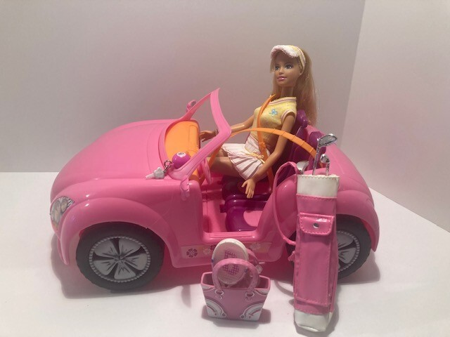 Barbie Doll & Pink Sports Car /Pink Golf Bag/Clubs &Tennis Outfit Bag/Racquet
