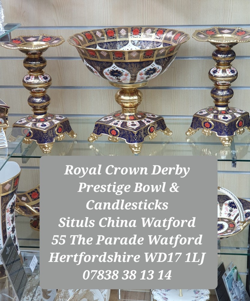 Royal Crown Derby : Old Imari Solid Gold Band Prestige Bowl and Candlesticks Set