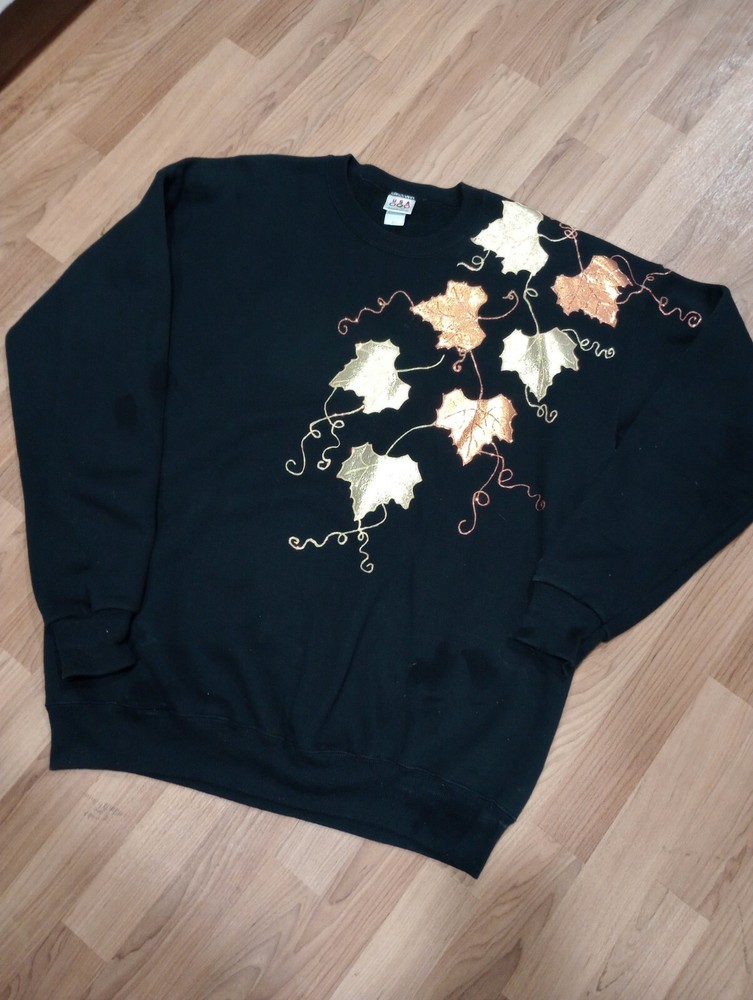 Vintage USA Olympic Apparel Black Long Sleeve Sweatshirt Size XXLT 3D Leaves