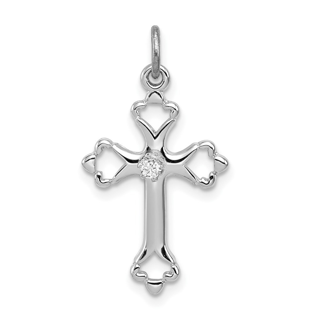 Sterling Silver Platinum-plated Budded Cross with Cubic Zirconia Charm Pendant