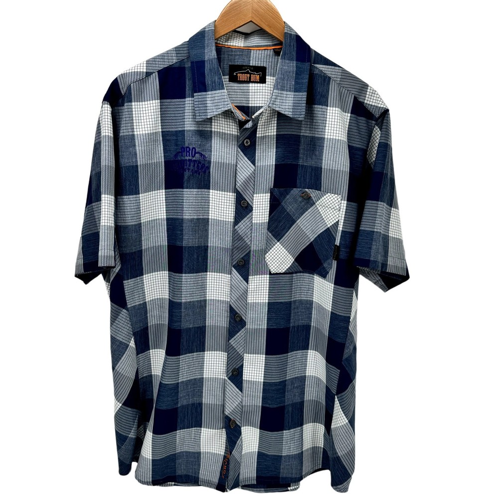 Orvis Shirt Mens Large Trout Bum Blue White Plaid Short Sleeve Pro Outfitters MT