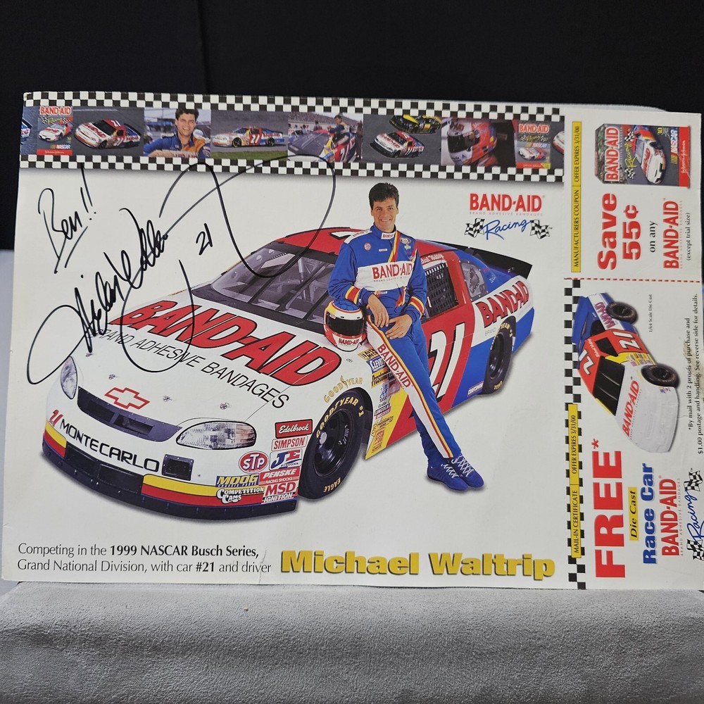 Michael Waltrip Band-Aid Racing Autographed Photo Card Nascar w/ Coupon Attached-image