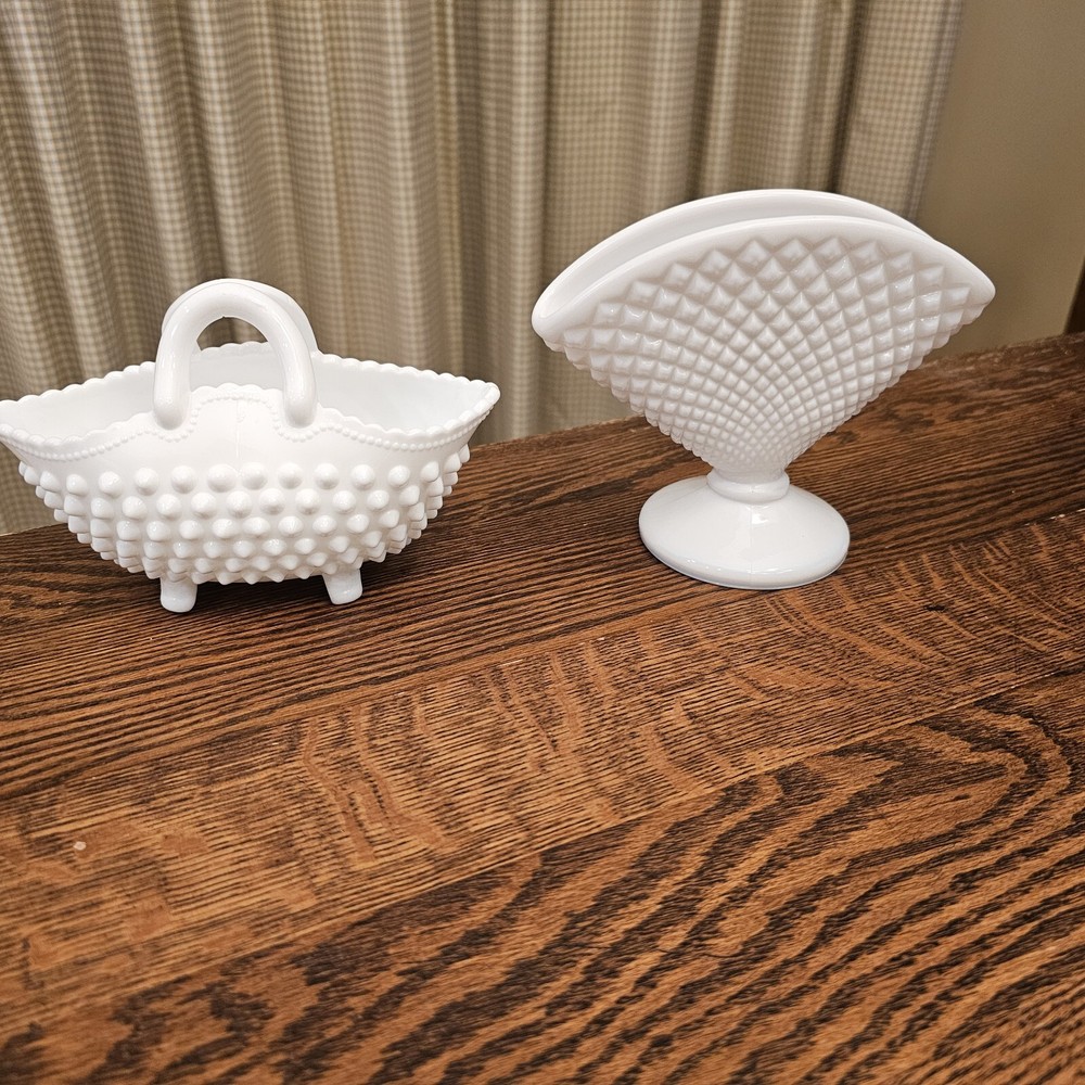Vintage Milk Glass Fan Vase Footed Basket Hobnail by Westmoreland Fenton  