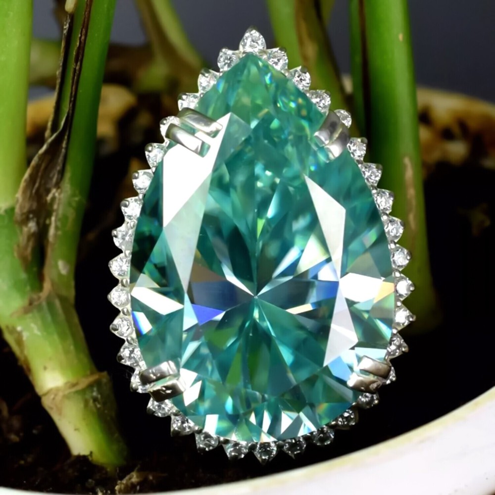 27.20 Ct Pear Cut Blue Diamond Ring in 925 Silver Festival Showstopper