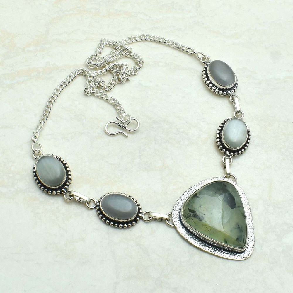 Prehnite Cat Eye Gemstone Ethnic Handmade Necklace Jewelry 29 Gms AN 62076