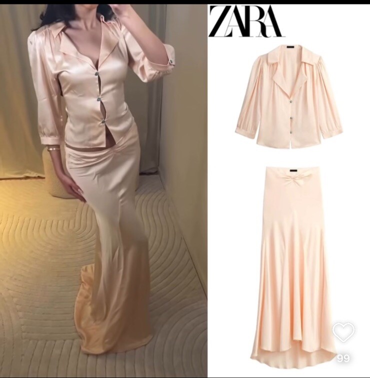 ZARA Pale Pink Long Pleated Skirt and Blouse Set Size S Kate Moss