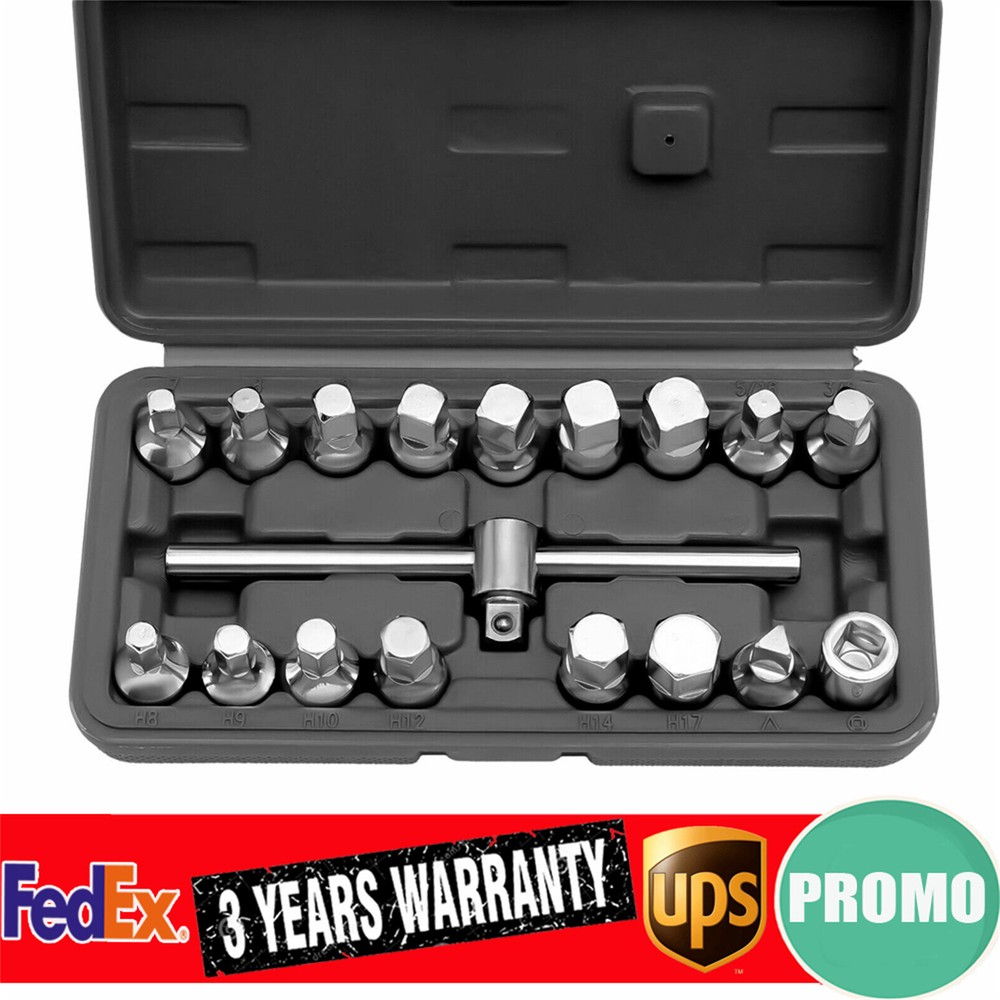 18x Oil Drain Pipe Plug Hexagon Square Socket Key Removal Tool Set 3/8in Drive