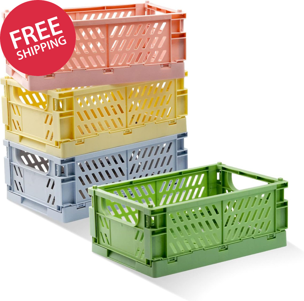 4 Pack Pastel Crates for Storage, Plastic Folding Basket, Colorful Small Storage