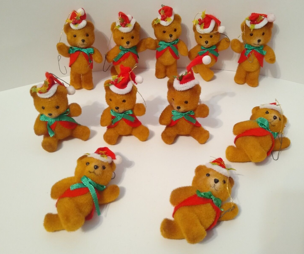 Vintage Christmas Tree Bear Ornaments with Santa Hats and Bows Set of 11