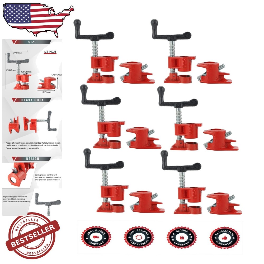 Heavy Duty 6-Piece 1/2-Inch Quick Release Wood Glue Pipe Clamp Set