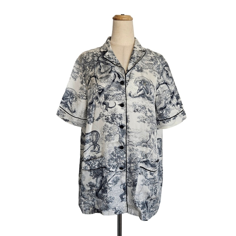 Christian Dior White & Black Toile de Jouy Printed Silk Chez Moi Short Sleeve Sh