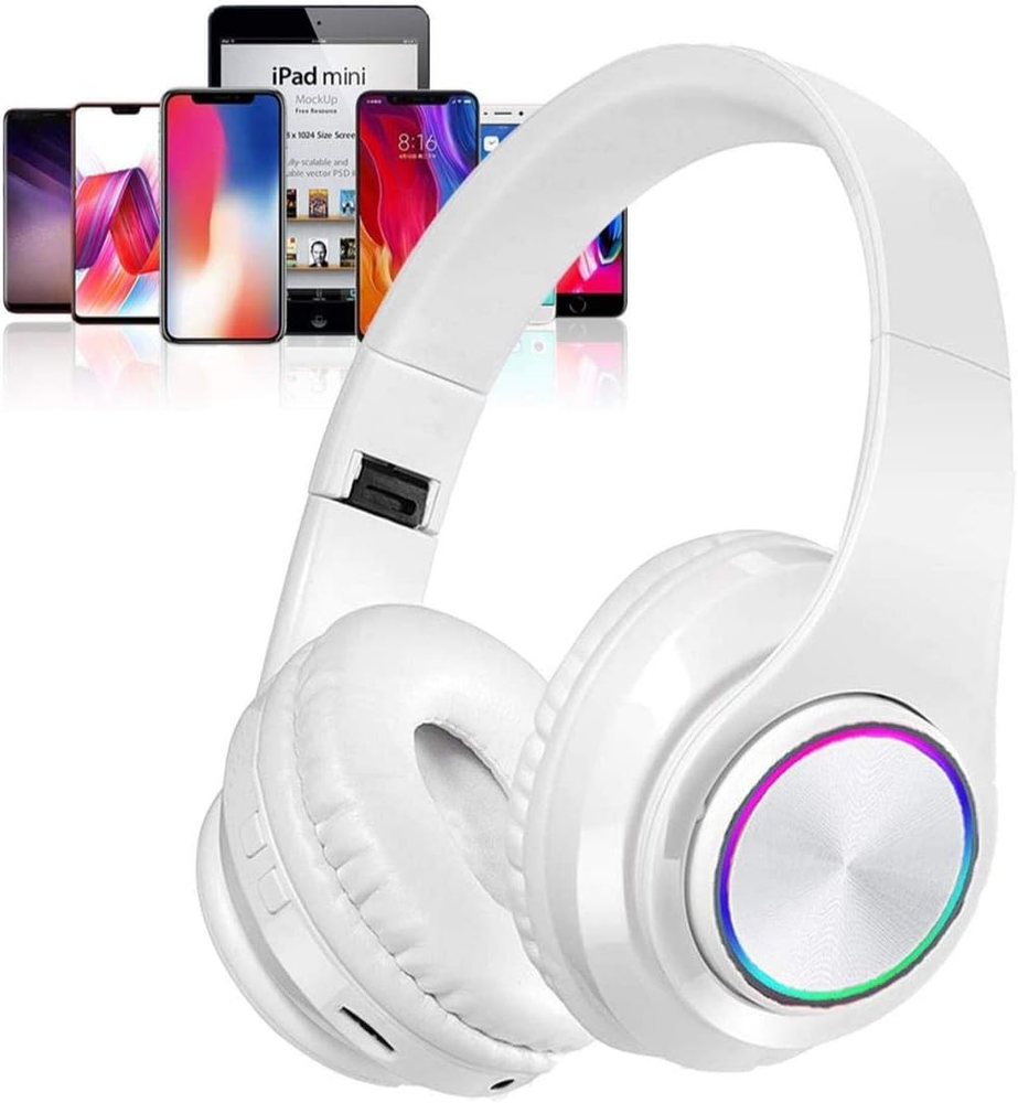 Bluetooth over Ear Headphones, Deep Bass Colorful LED Lights Headphones with Mic