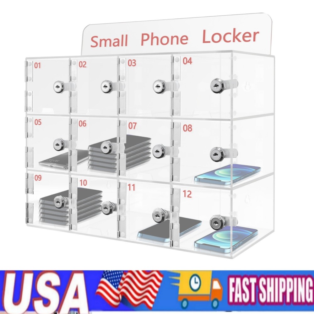 12 Slots Acrylic Cell Phone Locker Box Storage Cabinet Pocket w/ Keys Clear
