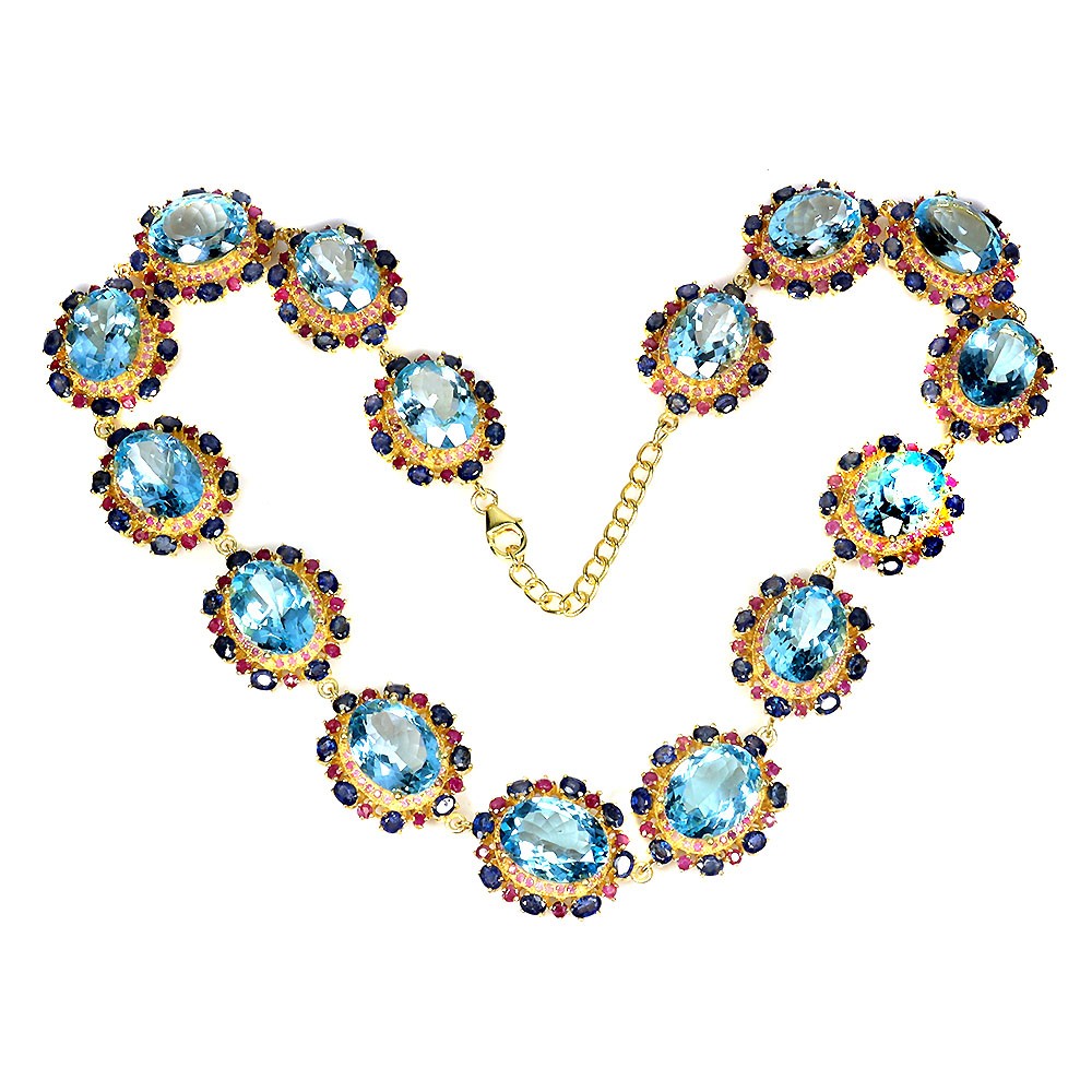 925 Sterling Silver Necklace Oval Swiss Blue Topaz 16x12mm Ruby Sapphire 19.5in
