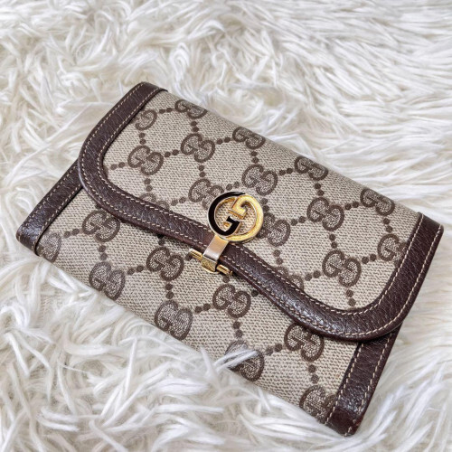 GUCCI GG Supreme Vintage Brown Leather Tri-fold Long Wallet 2975