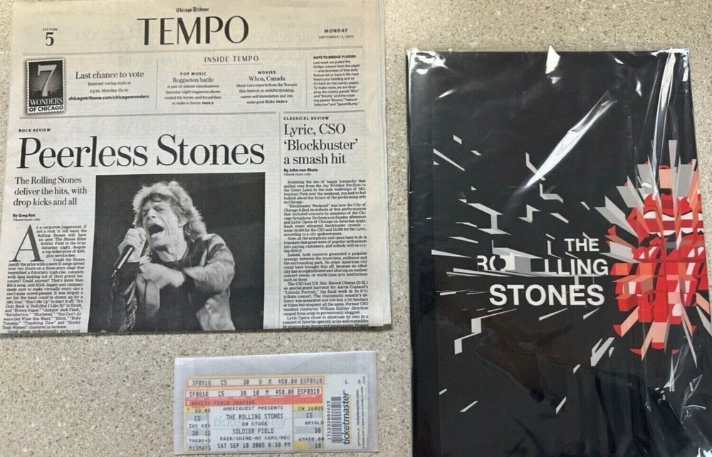 Rolling Stones Concert Bundle Booklet 2 tickets Newspaper 2005 Chicago Music