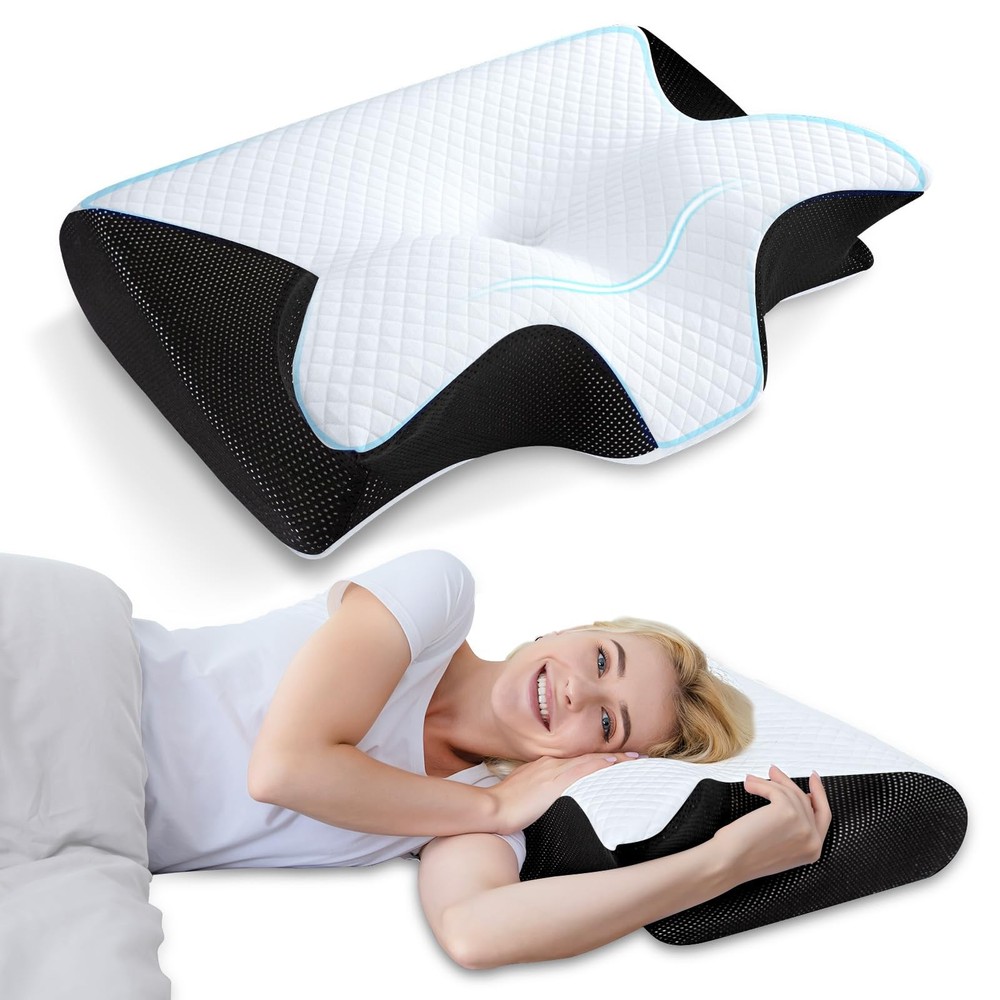 Memory Foam Cervical Pillow 2-in-1 Ergonomic Neck Pain Support Back Stomach
