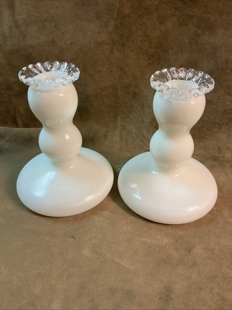 1940S Fenton Art Glass Silver Crest Pattern Low Candleholders/Candlestick Pair