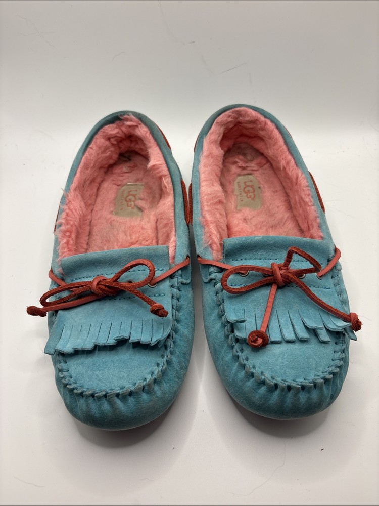 UGGS AUSTRALIA MANDIE SUEDE SLIPPERS MOCCASINS CLOUD SHEARLING PINK BLUE WOMEN 7