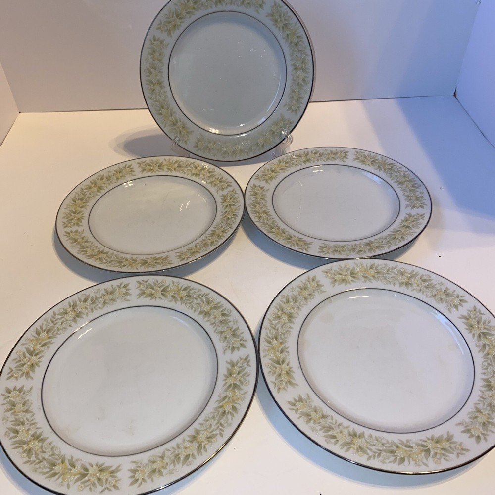 Vintage Nitto Greenfield Set of 5 Bread Salad Plates Yellow White Floral Pattern #4908 Midcentury Tableware