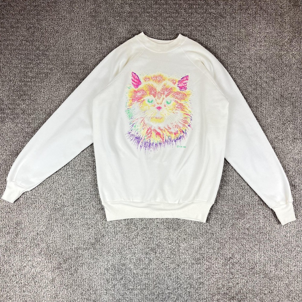 Vintage Sweatshirt Womens Large White Neon Cat Grandma 80s Crewneck Retro
