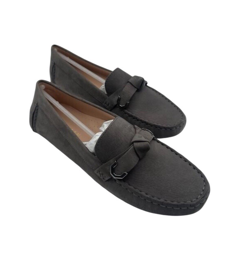 New Cole Haan Evelyn Bow Driver Women’s Slip On Gray Nubuck Leather Loafers 8B