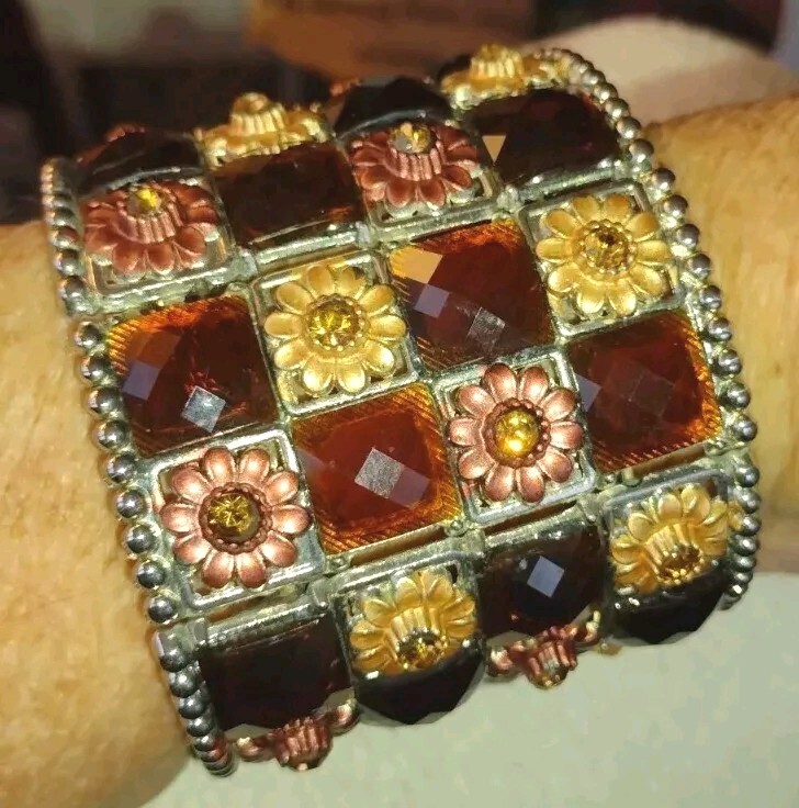 Stunning Silver Hinged Panel Cuff Bracelet with Faceted Citrine Cabs