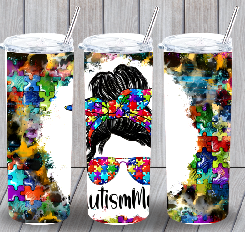 MomLife 24 Autism Mom Multicolor 20oz Insulated Tumbler Lid Clear Straw New