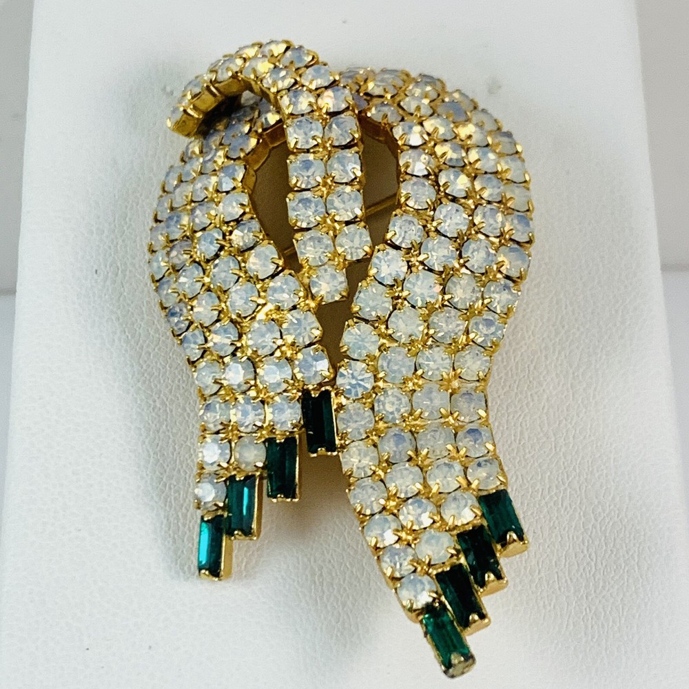 Vintage Gold Tone Brooch with Opaque and Green Rhinestone Accents