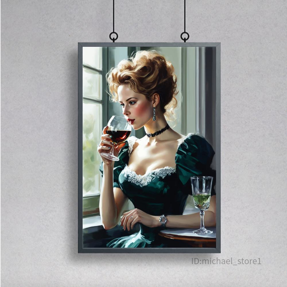 Woman Drinking Wine Printable Canvas Wall Art Framed (Ready To Hang)