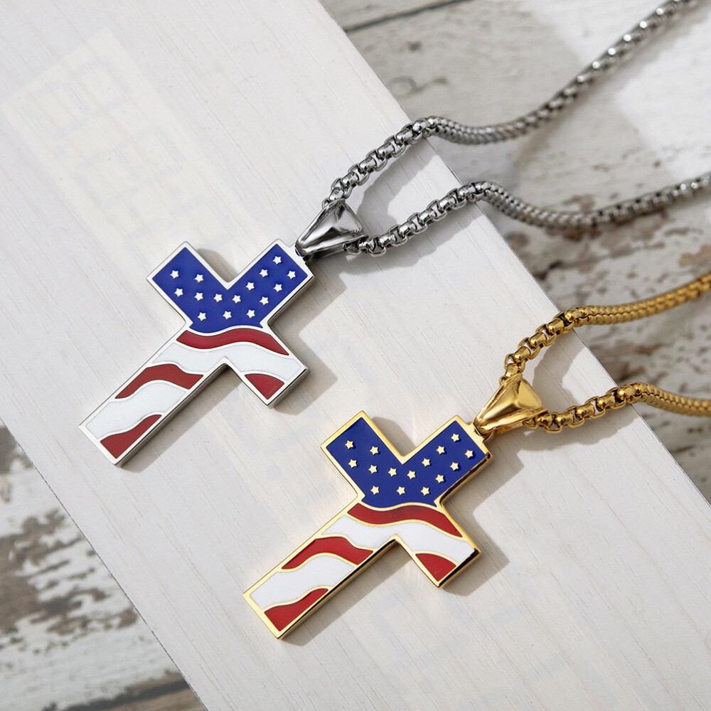 Man Cross Pendant Male Mens Jewelry Necklace United States Flag Pendants