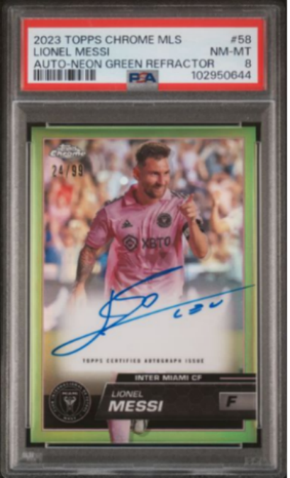 Lionel Messi 2023 Topps Chrome MLS Auto-Neon Green Refractor 24/99 PSA 8 -KH