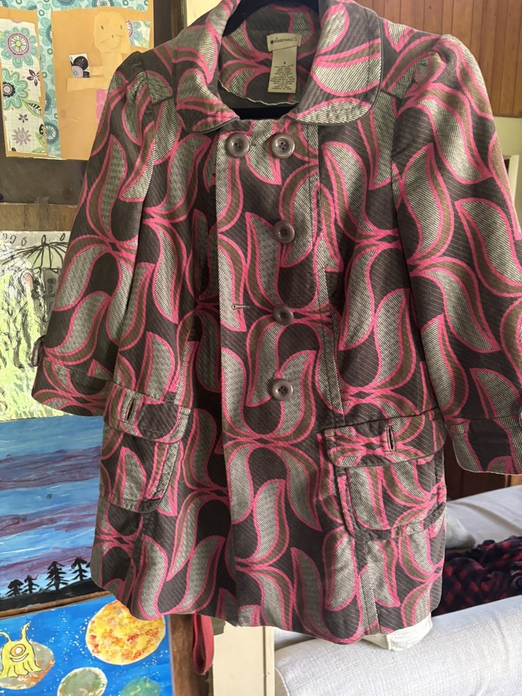 Elevenses Anthropologie Geometric Pink Gray Retro Coat Double Breasted Size 6-image