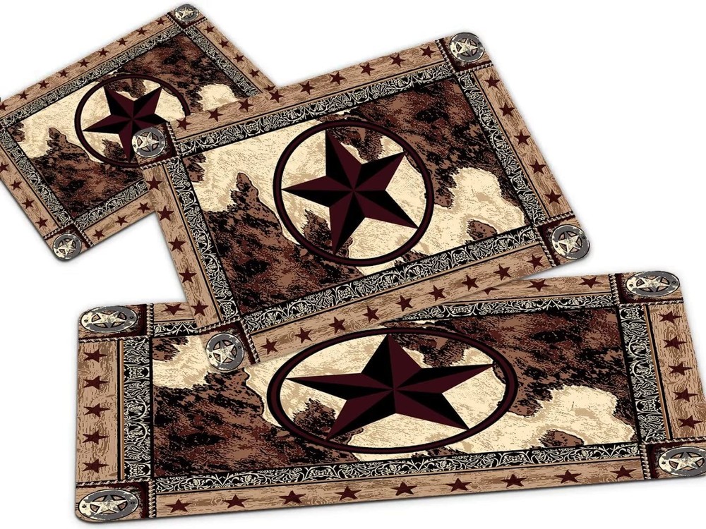 Western Kitchen Rug Set 3-Piece Texas Star Wood Panel Rustic Country Comfort