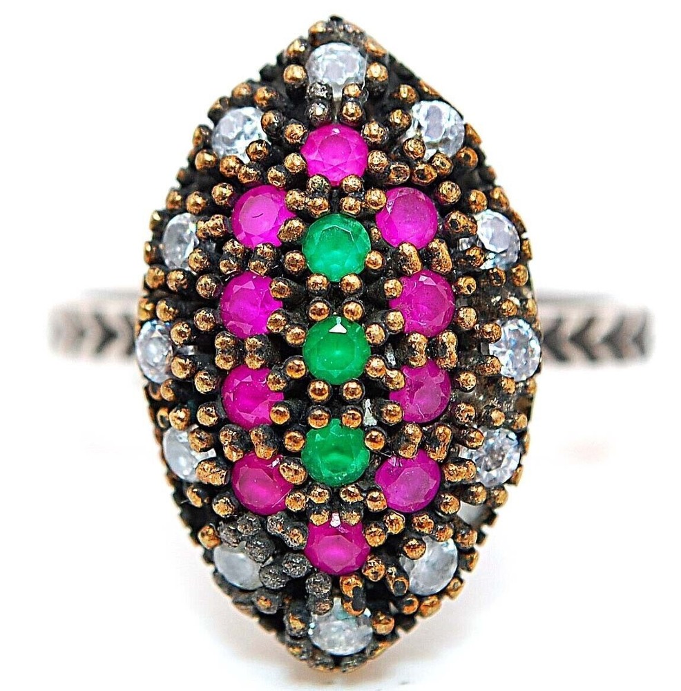 Authentic Ottoman Style 1CT Treated Emerald Sterling Silver Ring Size 7.5 HB2-7