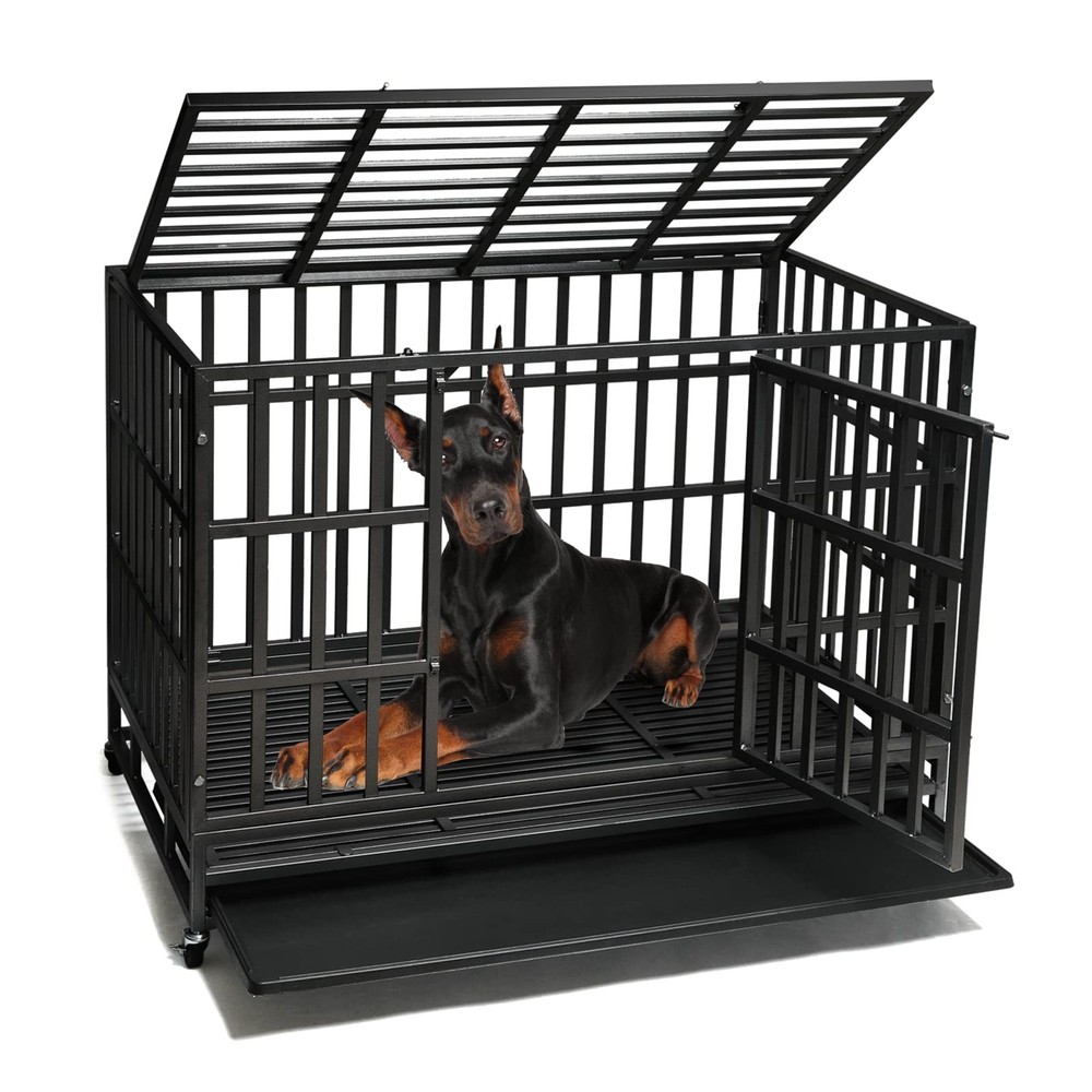 Heavy Duty Dog Crate with Metal Frame and Double Doors for Large Breeds
