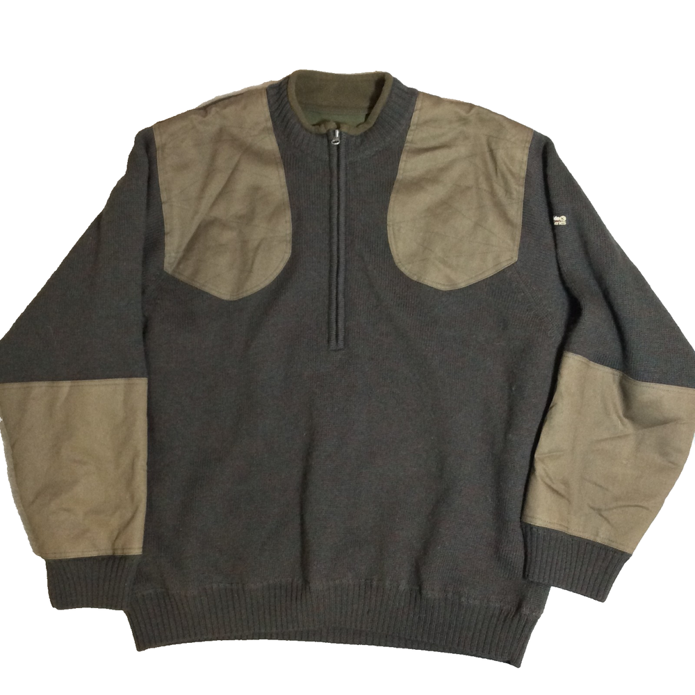 Mens XL Wool Shooting Sweater Brown 1/2 Zip Hunting Wear Gander Mtn. Padding EUC