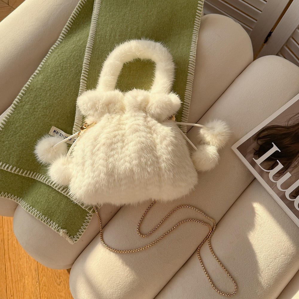 Women's Real Mink Fur Handbag Bucket Bag Shoulder Purse Tote Wallet Party Bag