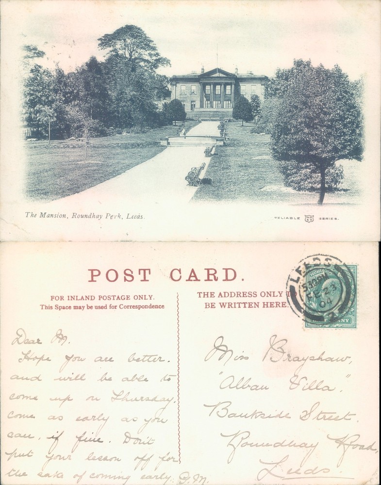 The Mansion Roundhay Park Leeds Reliable Series 1904 postmark Architecture Parks