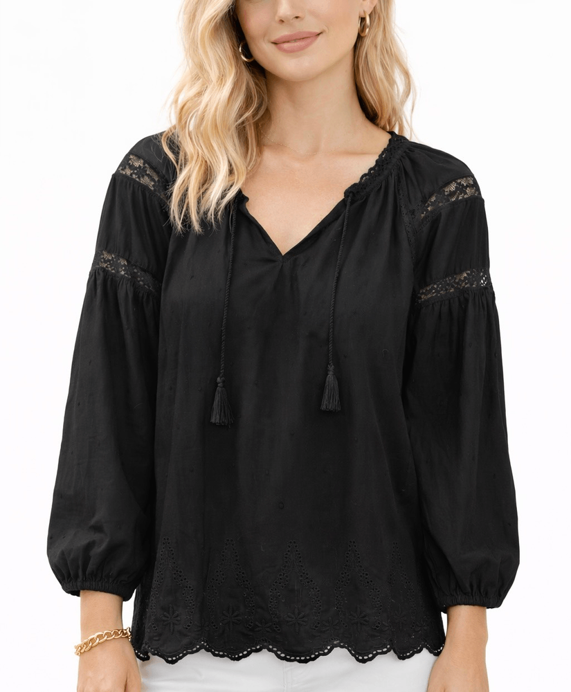 Old Navy black embroidered puff sleeve boho blouse size M