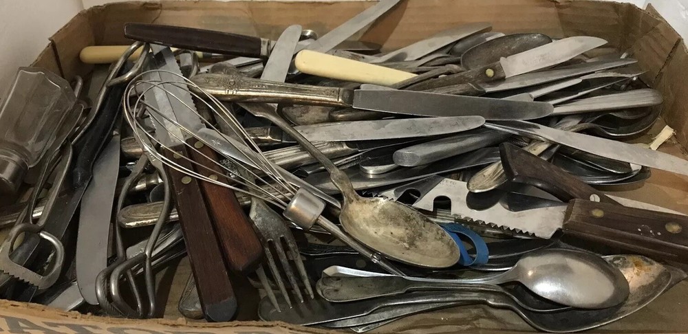 9 lbs Mixed Lot Stainless Steel Silverware Spoons Forks Knives Whisks Tongs Etc.