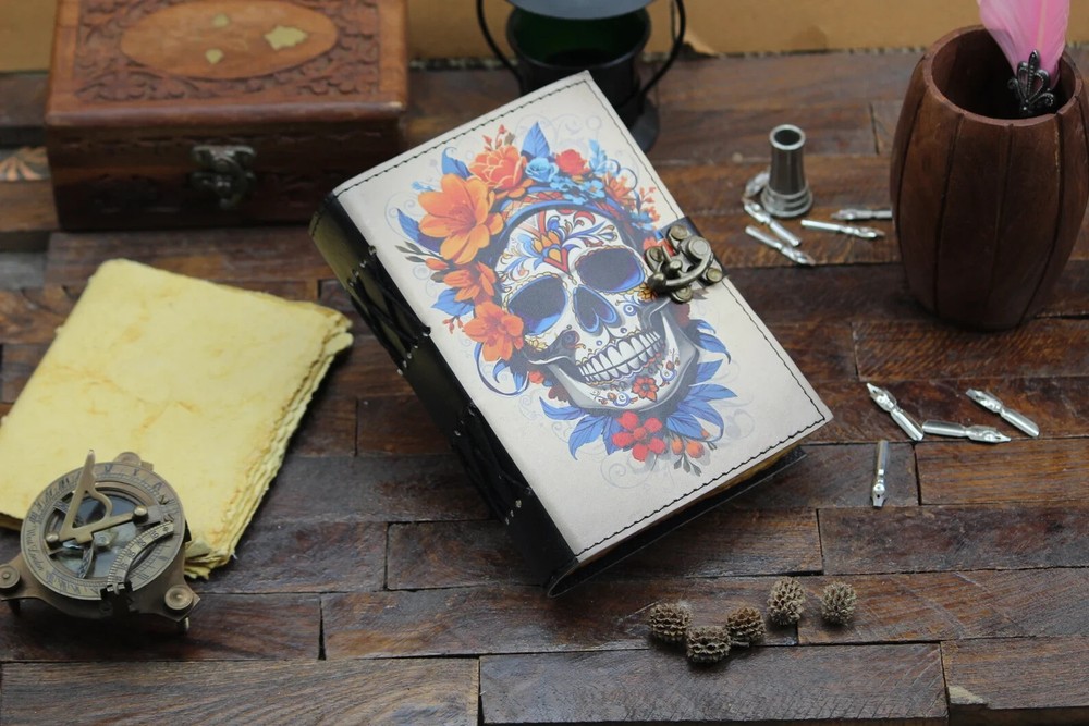 Skull Print Leather Journal and Custom First Color Photo Notebook  