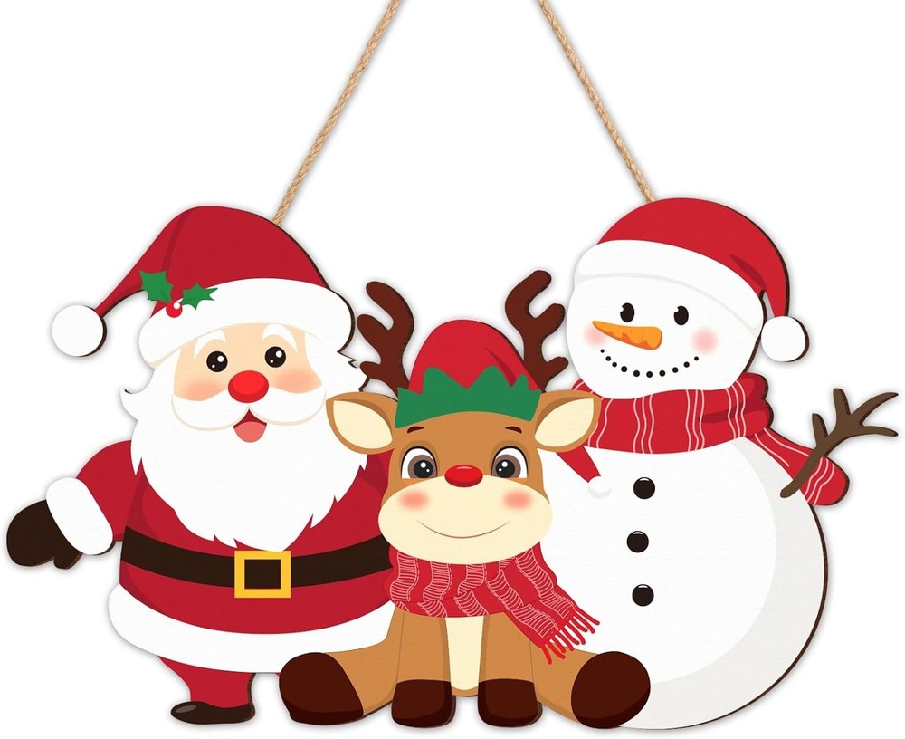 Happy Christmas Door Sign Wooden Reindeer Santa Claus Snowman Cute