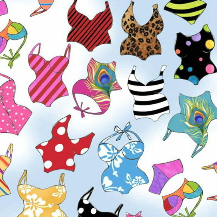 Loralie Designs Beauty Beach Assorted Swim Suits Cotton Fabric Blue Sky 692-443