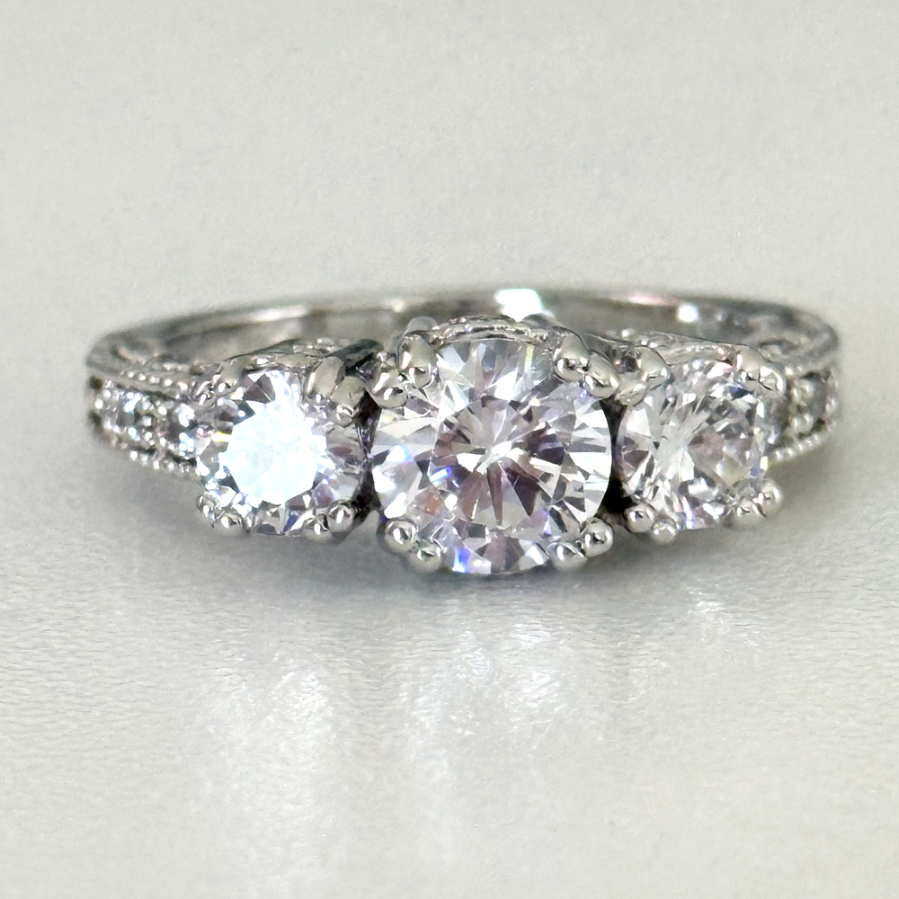 Ladies Clear CZ Three Stone Sparkly Engagement Style Statement Band Ring Size 8