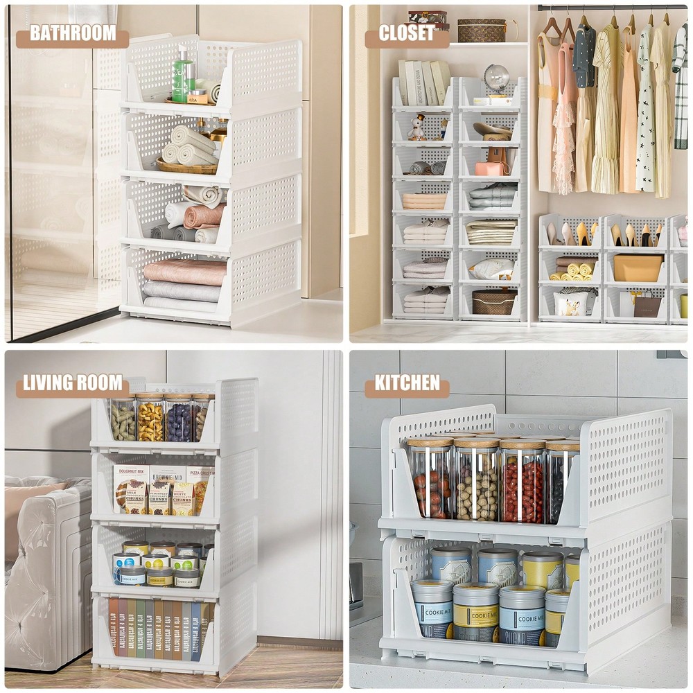 Clothes organizer, stackable plastic storage bin, foldable closet organizer