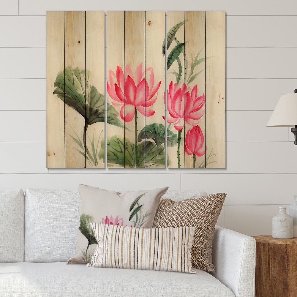 Designart 'Vintage Pink Lotuses In The Pond I' Traditional